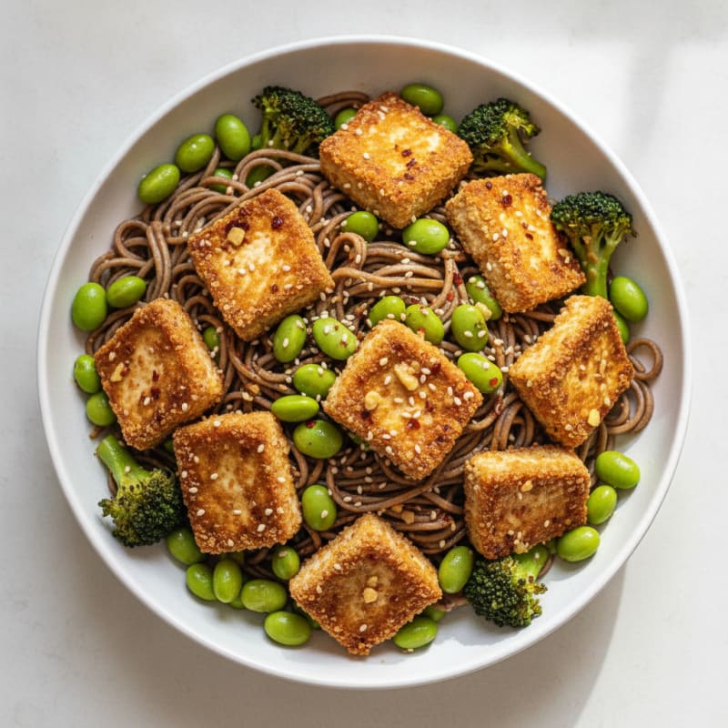 Garlic-Sesame Noodle Bowl with Crispy Tofu