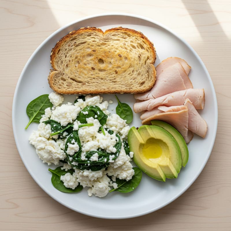 Egg White Spinach Scramble with Cottage Cheese and Sliced Turkey