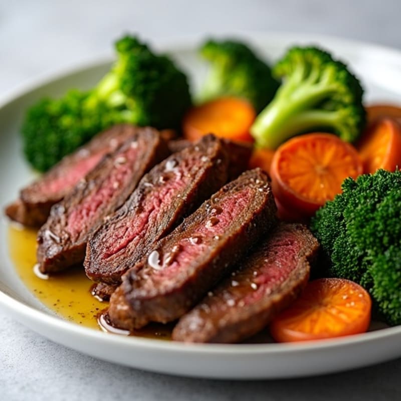 Seared Lean Beef Strips with Roasted Broccoli and Sweet Potato
