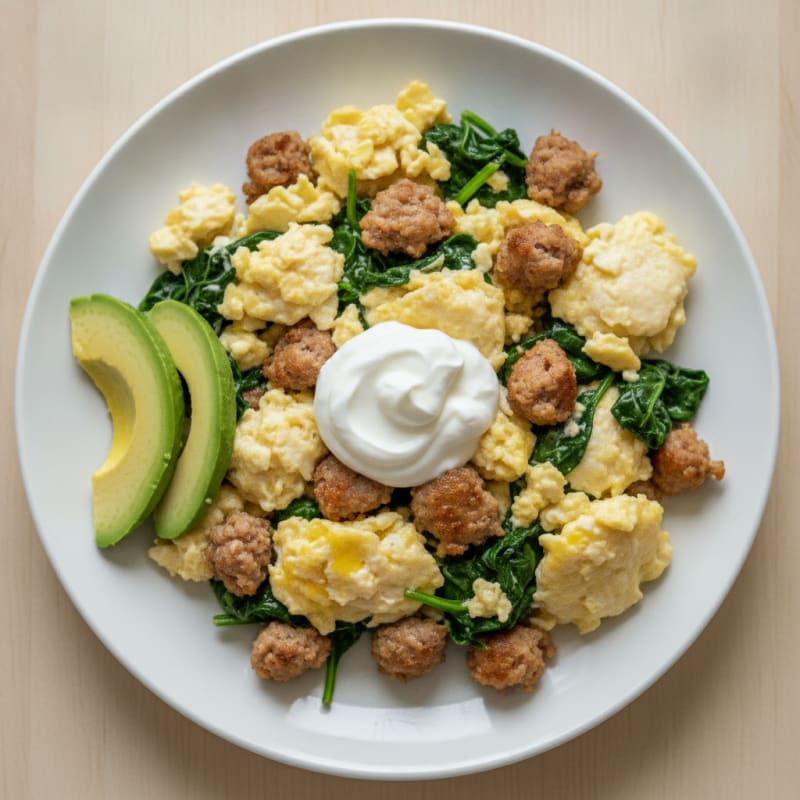 Creamy Scrambled Eggs with Turkey Sausage and Sautéed Spinach
