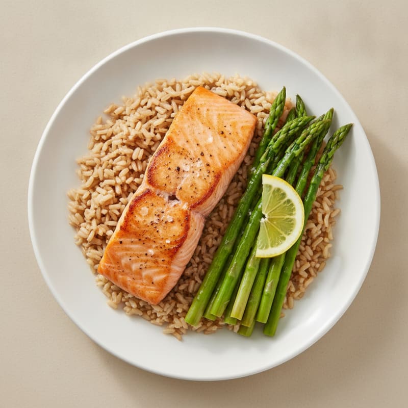 Seared Salmon Fillet with Steamed Asparagus and Brown Rice
