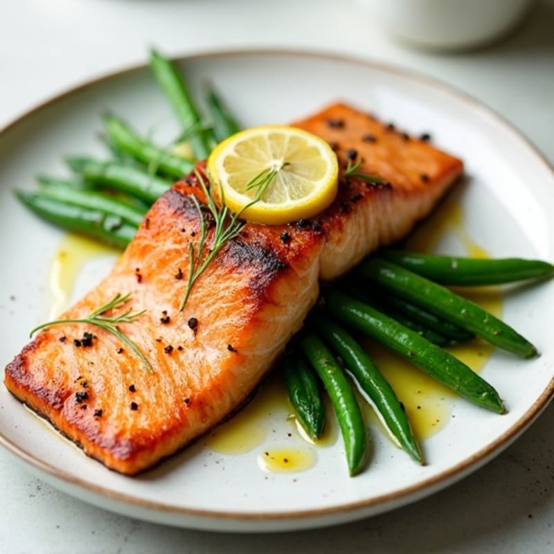 Seared Salmon with Steamed Green Beans and Lemon