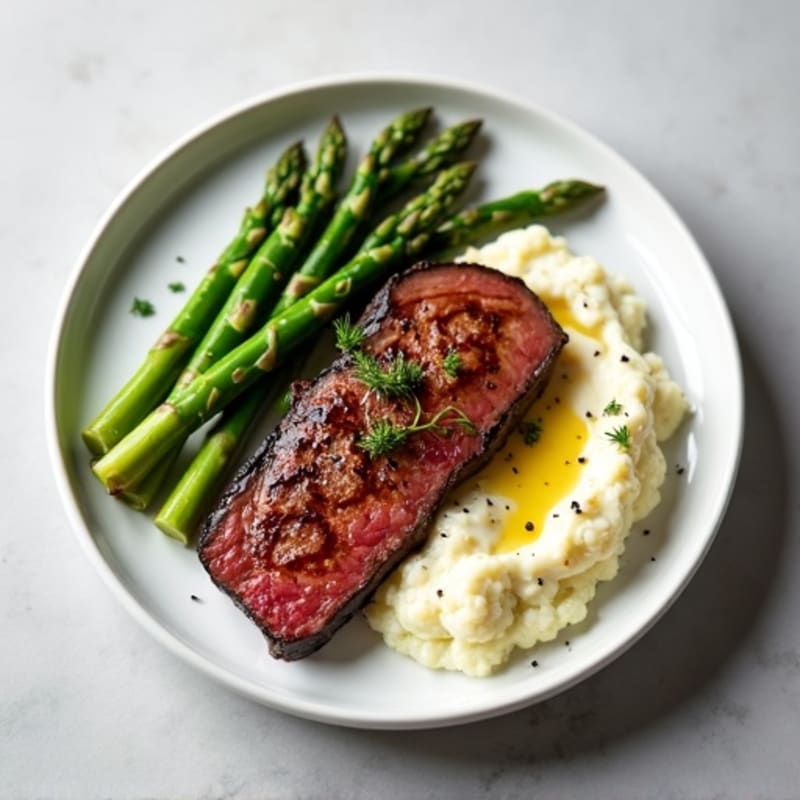 Seared Lean Steak with Steamed Asparagus and Cauliflower Mash