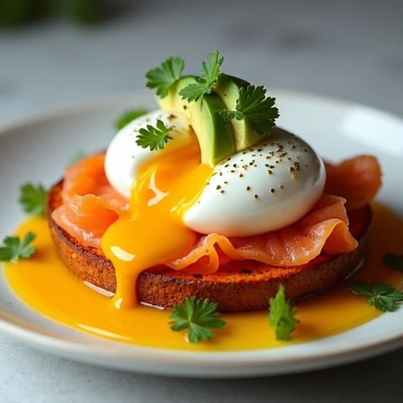 Poached Eggs with Crispy Sweet Potato Toast, Smoked Salmon, and Creamy Avocado