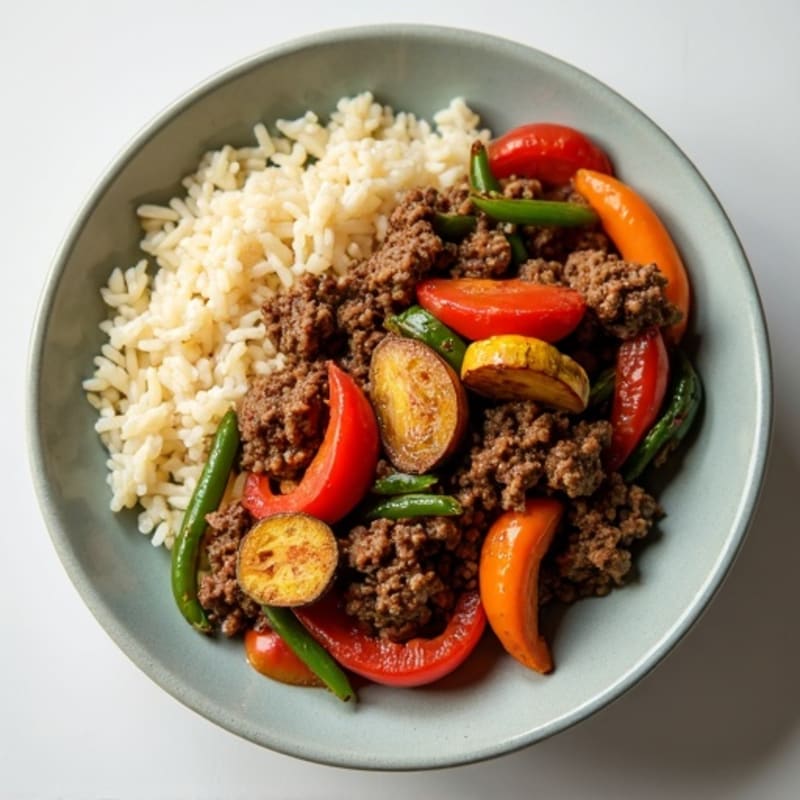 Ground Beef and Roasted Vegetable Stir-Fry with Jasmine Rice