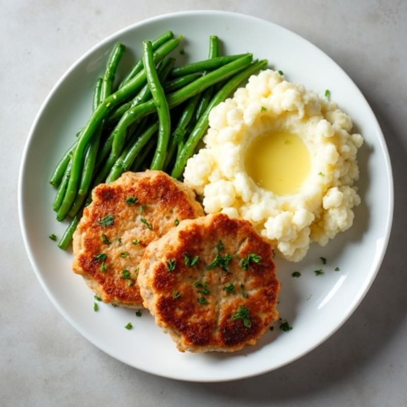 Seared Turkey Patties with Garlic Green Beans and Mashed Cauliflower