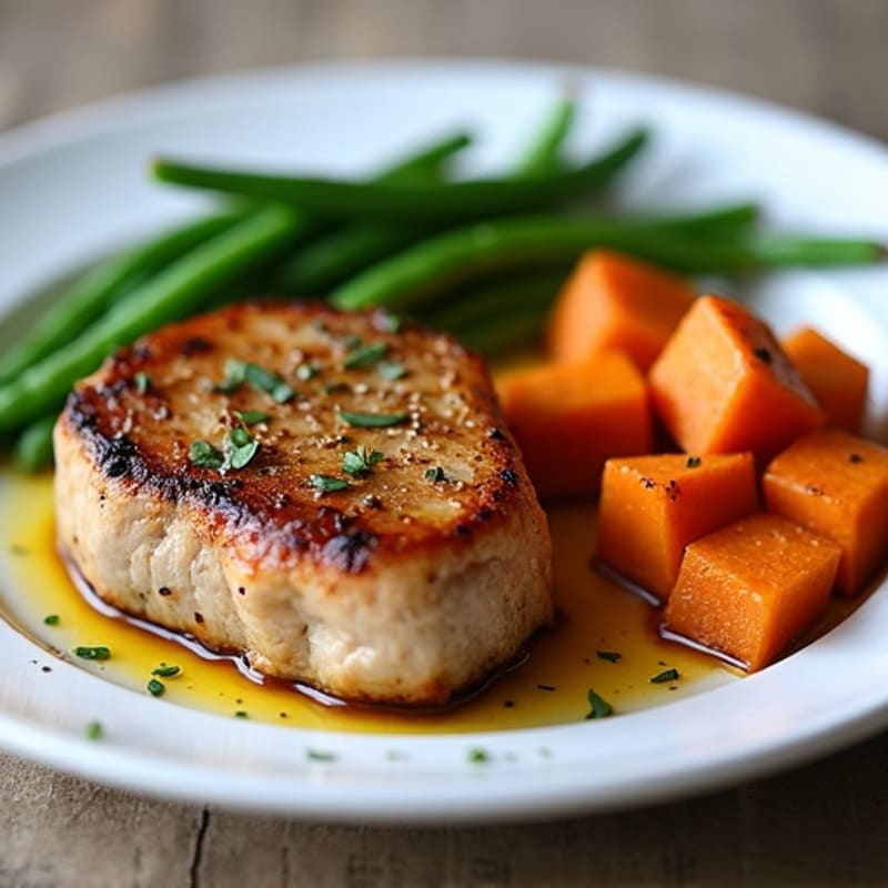 Pan-Seared Pork Loin Chops with Roasted Sweet Potatoes and Green Beans
