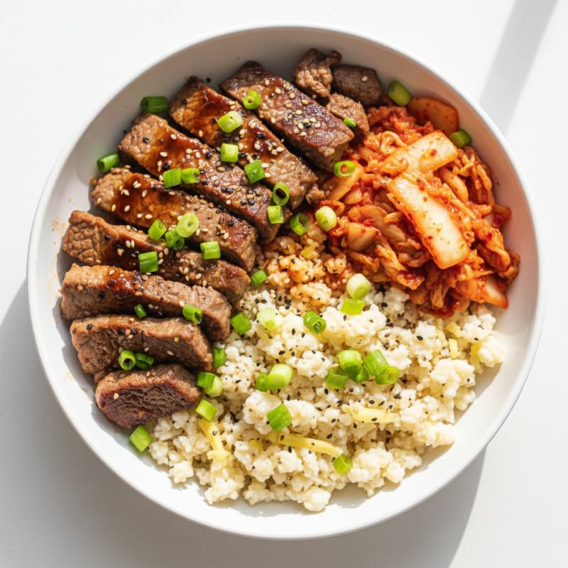 Korean Beef Bulgogi with Kimchi and Cauliflower Rice