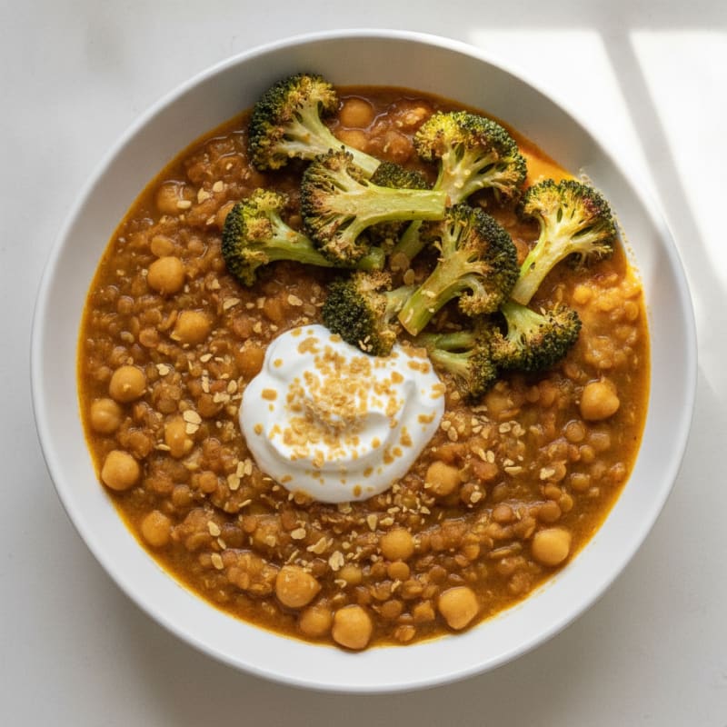 Lentil and Chickpea Stew with Roasted Broccoli