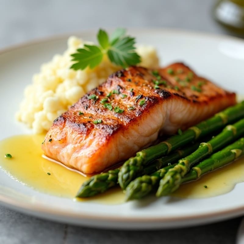 Seared Salmon with Steamed Asparagus and Garlic Mashed Cauliflower