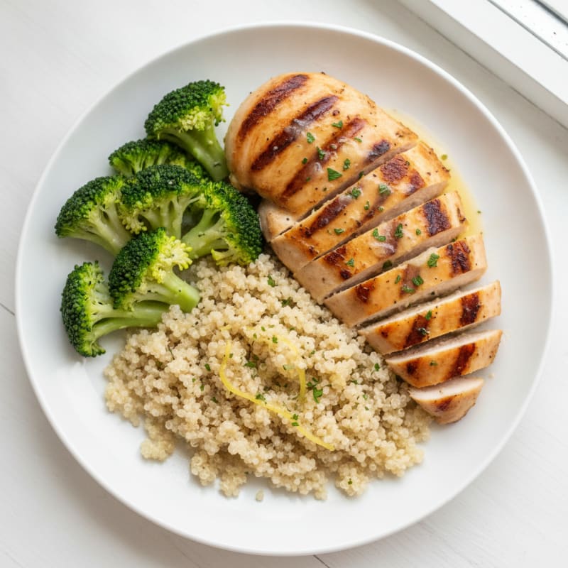 Grilled Chicken Breast with Quinoa and Steamed Broccoli