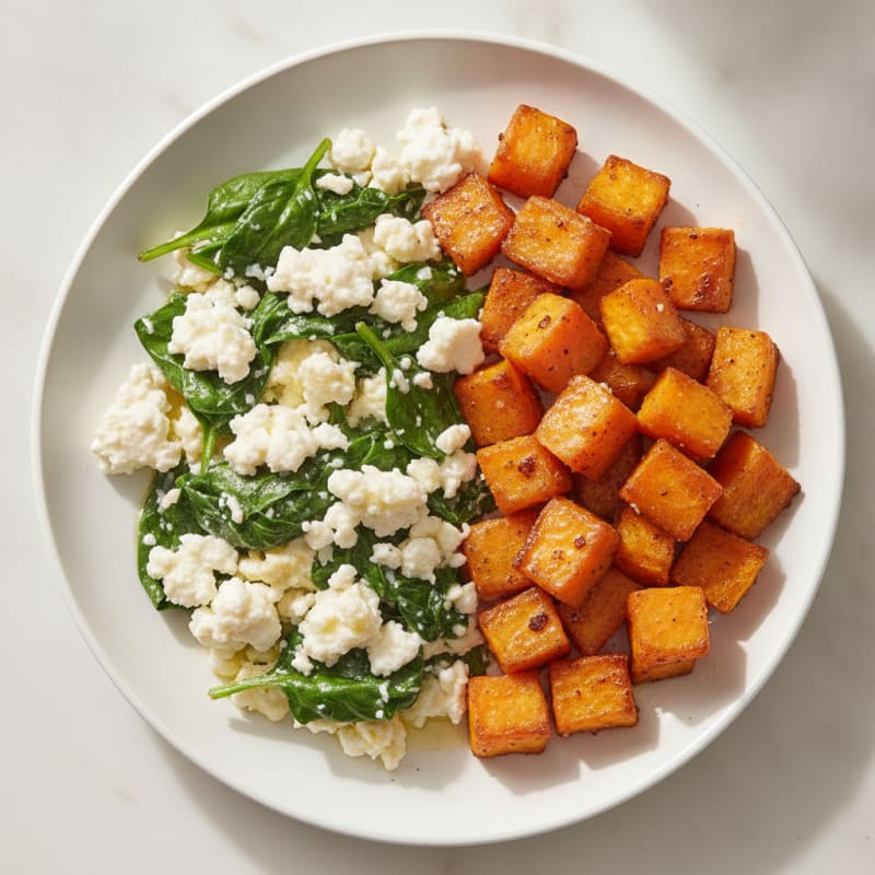 Egg White and Spinach Scramble with Cottage Cheese and Roasted Sweet Potato