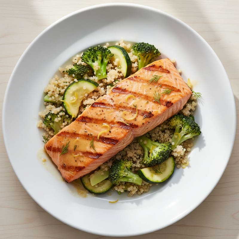 Grilled Salmon Fillet with Steamed Broccoli and Quinoa