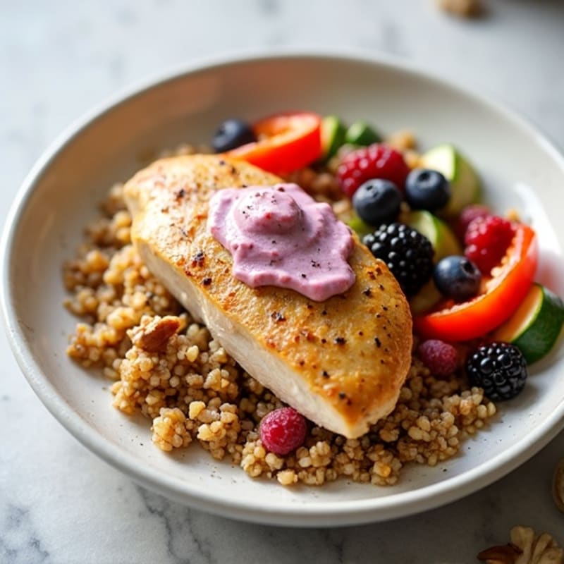 Roast Chicken Breast with Roasted Vegetables, Quinoa & Greek Yogurt Walnut Berry Sauce