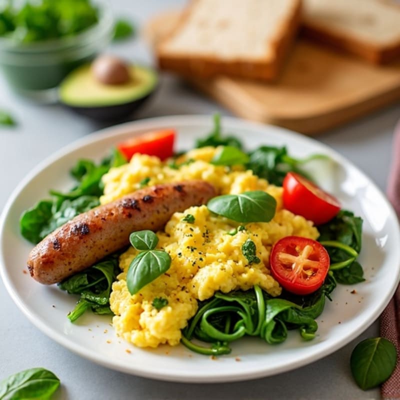 Egg White Spinach Scramble with Turkey Sausage