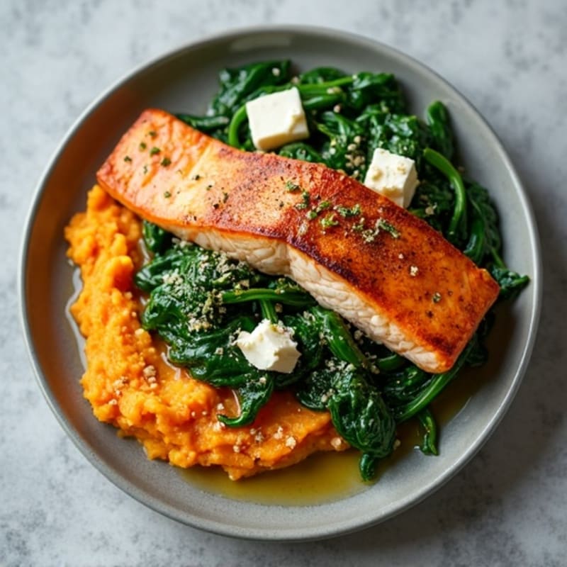 Seared Salmon with Garlic Spinach and Sweet Potato Mash