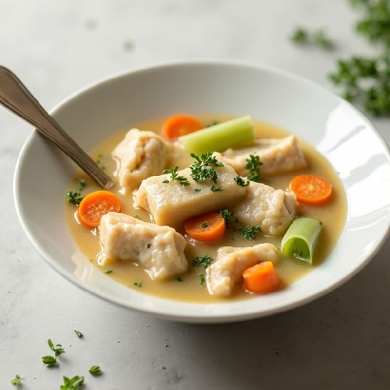 Creamy Chicken and Vegetable Soup with Fluffy Herb Dumplings