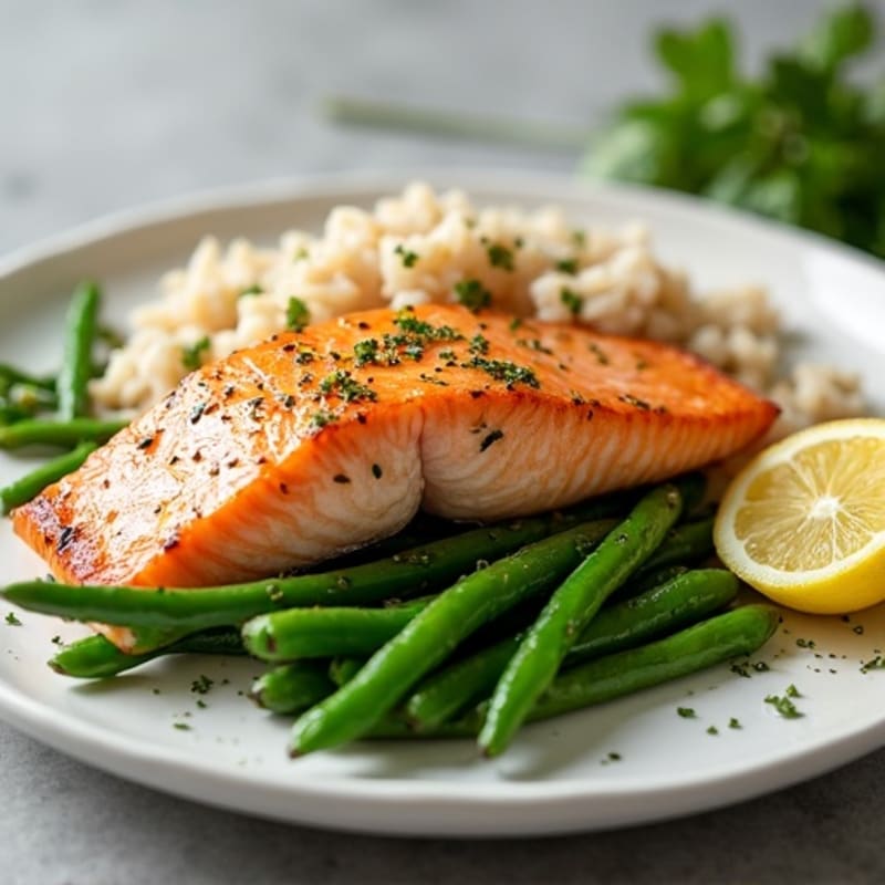 Seared Salmon with Garlic Green Beans and Brown Rice