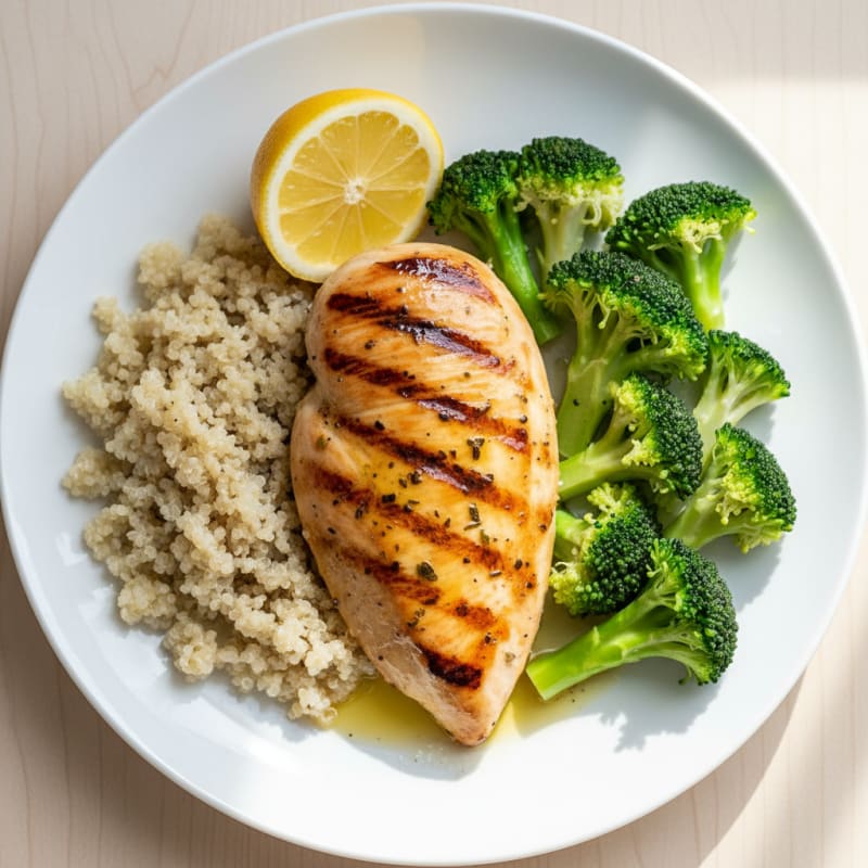 Grilled Chicken Breast with Steamed Broccoli and Quinoa