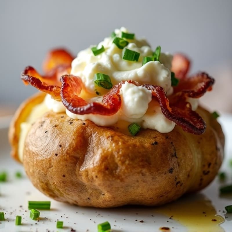Crispy Baked Potato Loaded with Lean Bacon, Creamy Cottage Cheese, and Fresh Chives