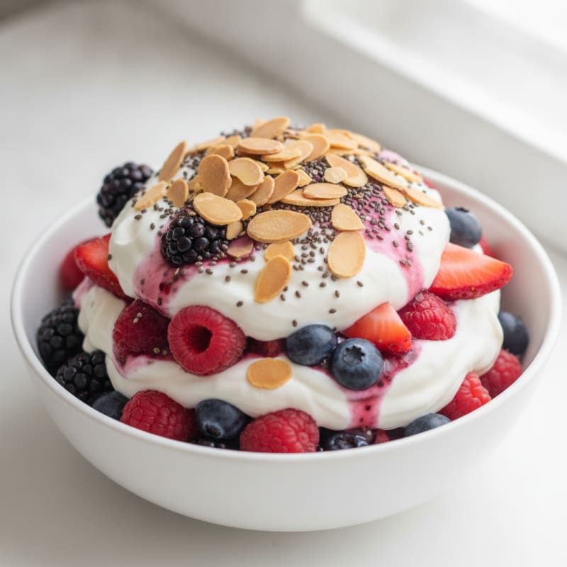 Greek Yogurt Protein Parfait with Mixed Berries and Almonds