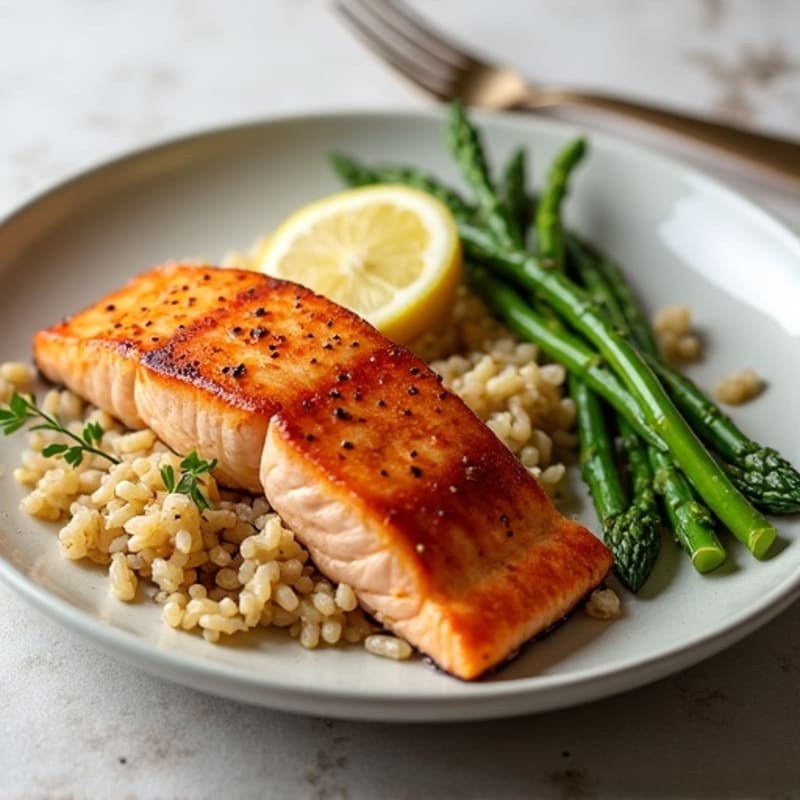 Seared Salmon with Steamed Asparagus and Brown Rice