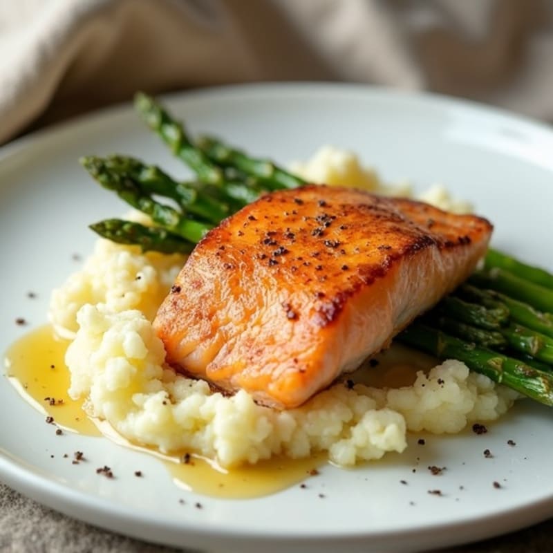 Seared Salmon with Roasted Asparagus and Cauliflower Mash