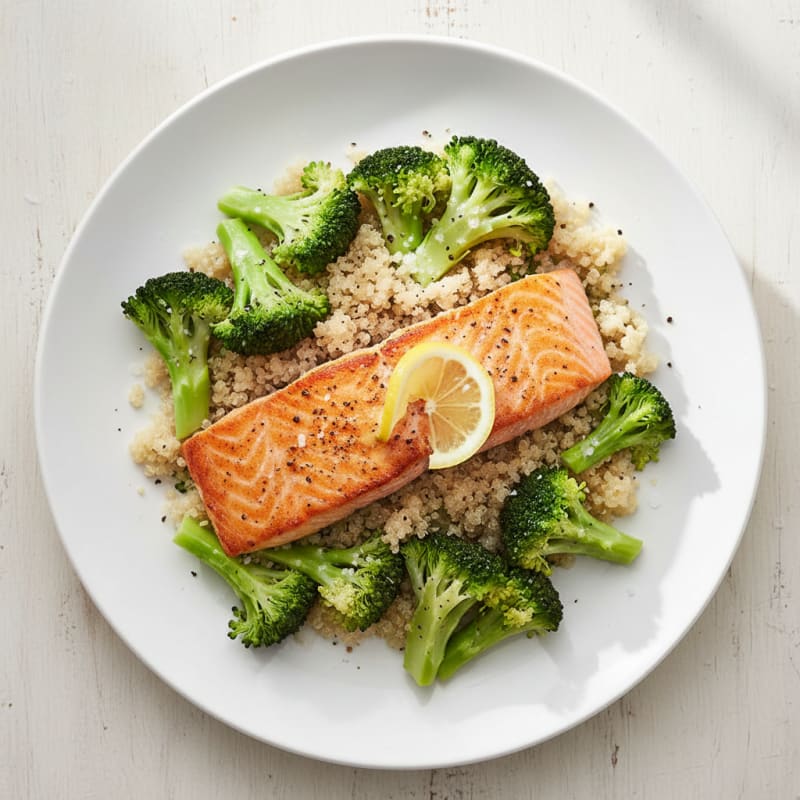 Seared Salmon with Steamed Broccoli and Quinoa