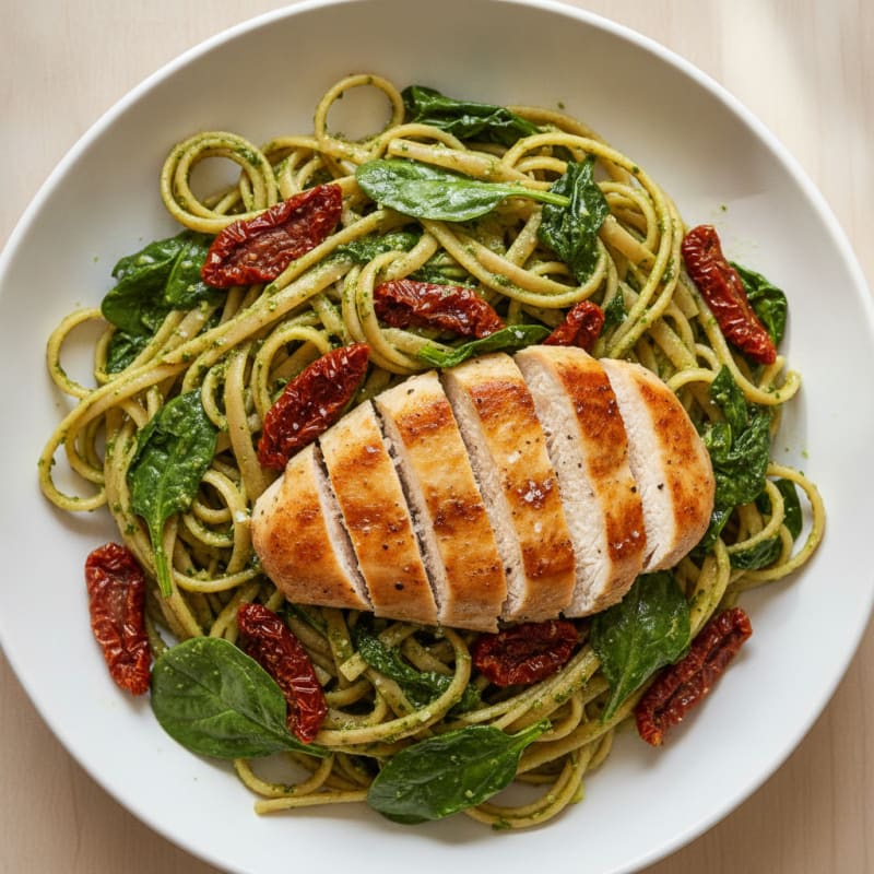 Pesto Chicken Linguine with Sun-Dried Tomatoes