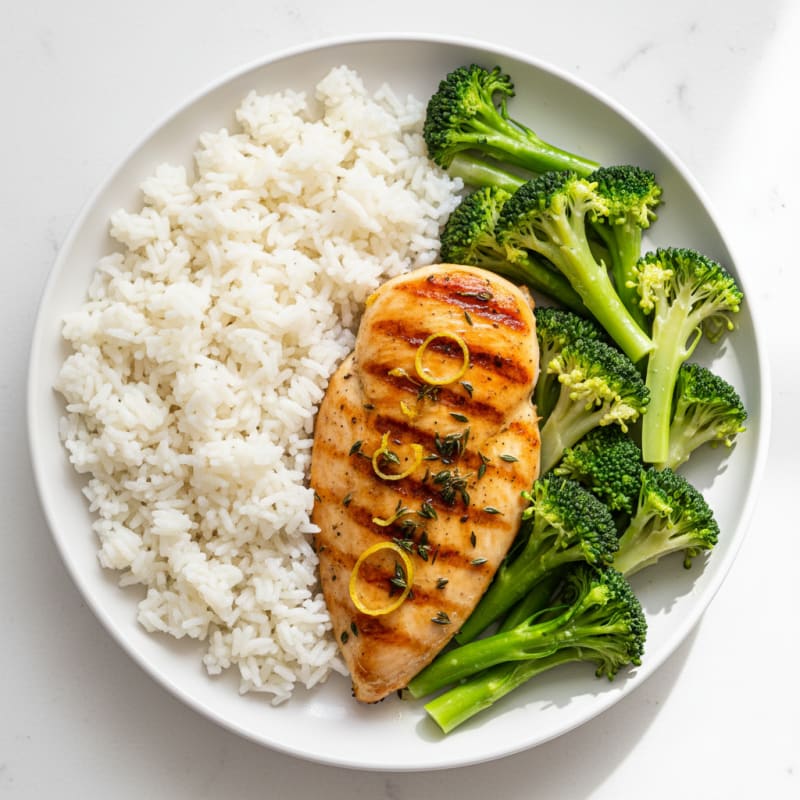 Grilled Chicken Breast with Steamed Rice and Broccoli
