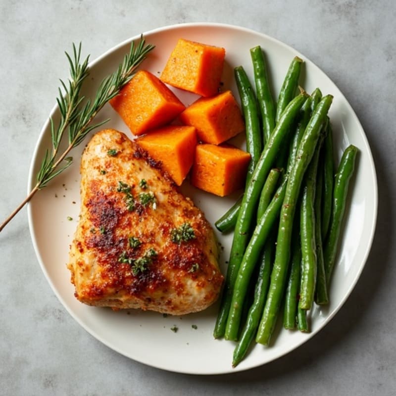 Crispy Garlic-Herb Chicken with Roasted Sweet Potatoes and Green Beans