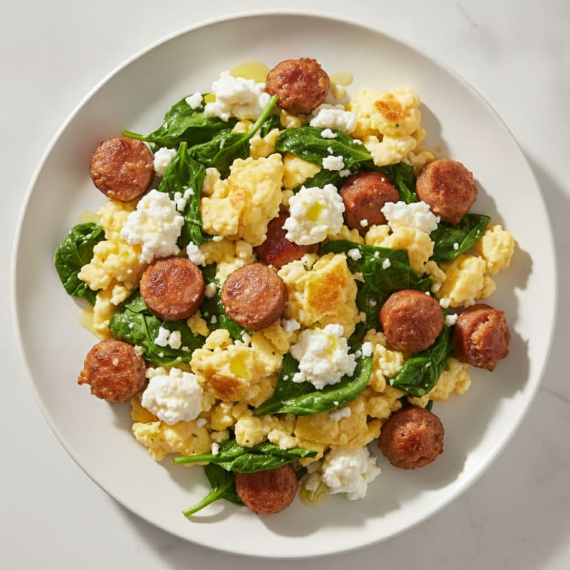 Cottage Cheese Scramble with Turkey Sausage and Spinach