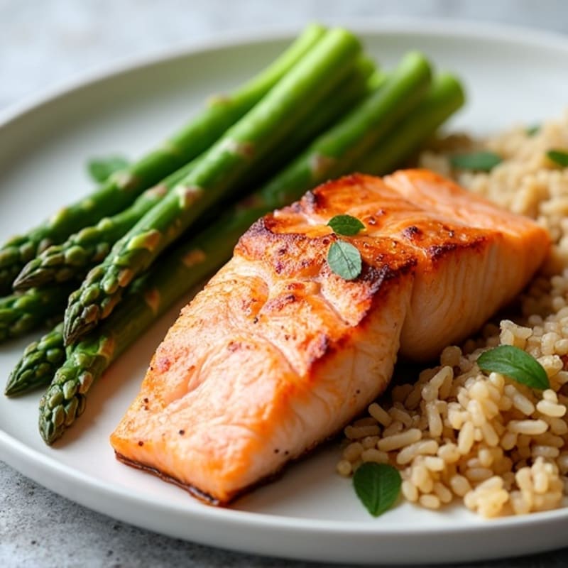 Seared Salmon Filet with Steamed Asparagus and Brown Rice