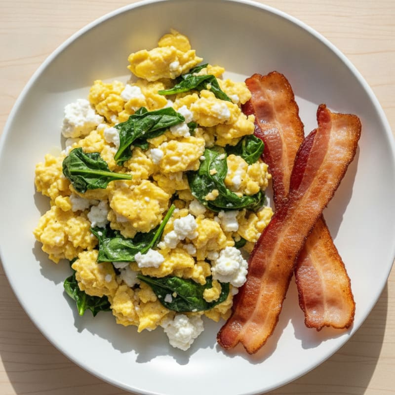 Cottage Cheese Egg Scramble with Spinach and Turkey Bacon
