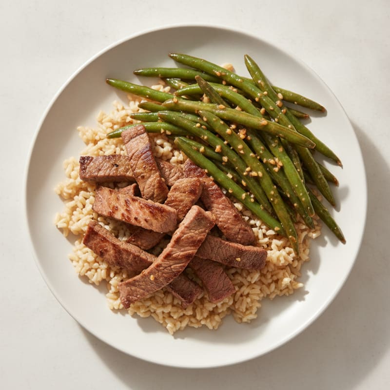 Seared Lean Beef Strips with Garlic Green Beans and Brown Rice