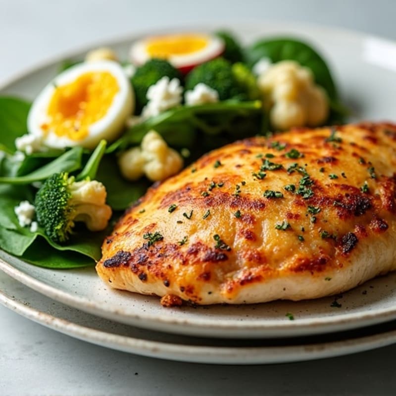 Oven-Baked Chicken Breast with Roasted Broccoli and Cauliflower, and a Fresh Spinach Salad