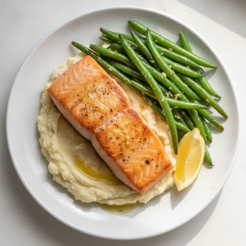 Seared Salmon with Garlic Green Beans and Cauliflower Mash