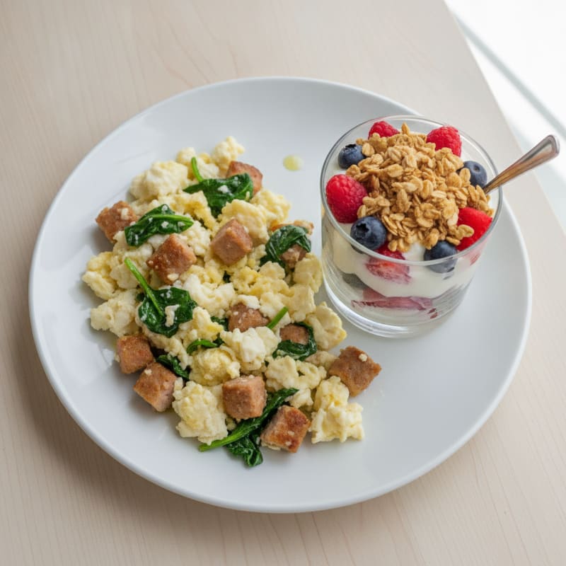 Egg White Scramble with Turkey Sausage and Greek Yogurt Parfait