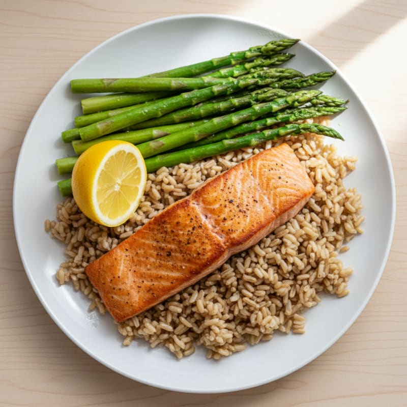 Seared Salmon Fillet with Steamed Asparagus and Brown Rice