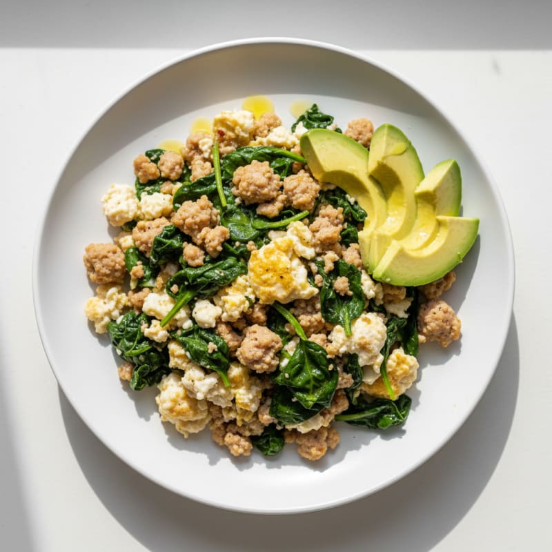 Egg White and Turkey Sausage Scramble with Sautéed Spinach