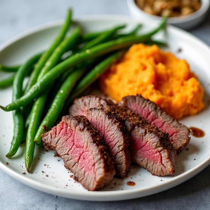 Seared Lean Beef Strips with Steamed Green Beans and Sweet Potato Mash
