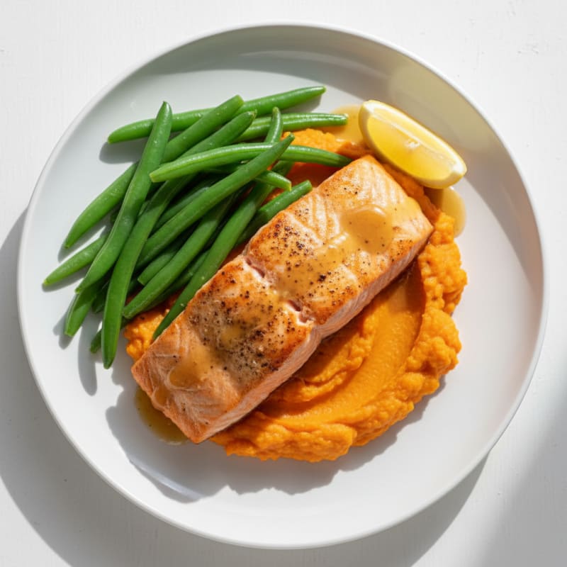 Seared Salmon Fillet with Steamed Green Beans and Sweet Potato Mash
