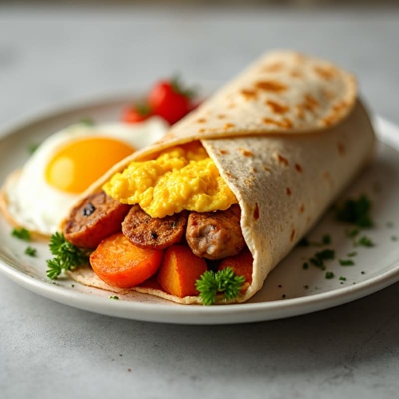 Crispy Sweet Potato and Egg Burrito with Lean Turkey Sausage
