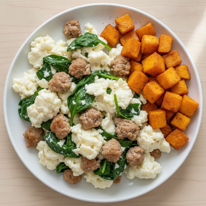 Egg White and Turkey Sausage Scramble with Spinach and Roasted Sweet Potato