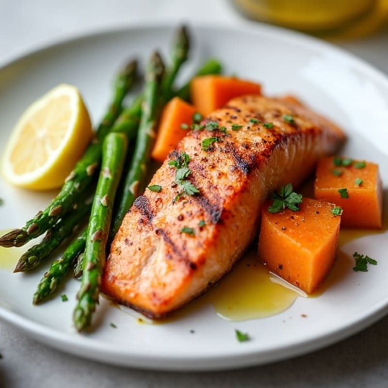 Seared Salmon with Roasted Sweet Potato and Asparagus