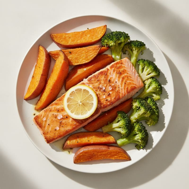 Seared Salmon Fillet with Roasted Sweet Potato Wedges and Steamed Broccoli