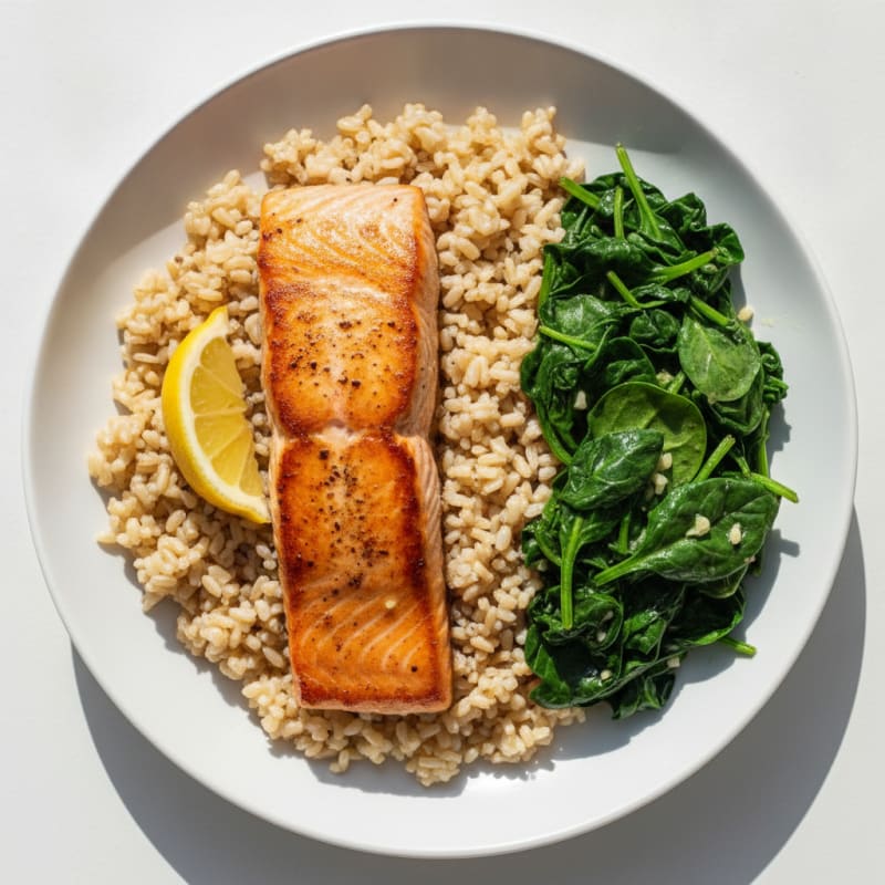 Seared Salmon with Brown Rice and Sautéed Spinach