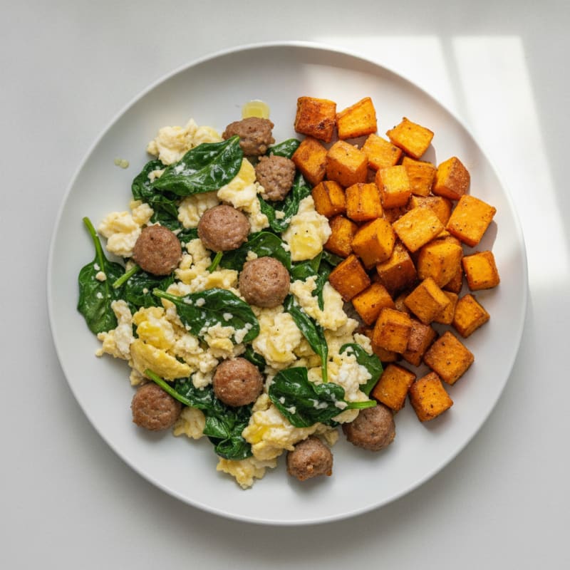 Egg White and Turkey Sausage Scramble with Spinach and Roasted Sweet Potato