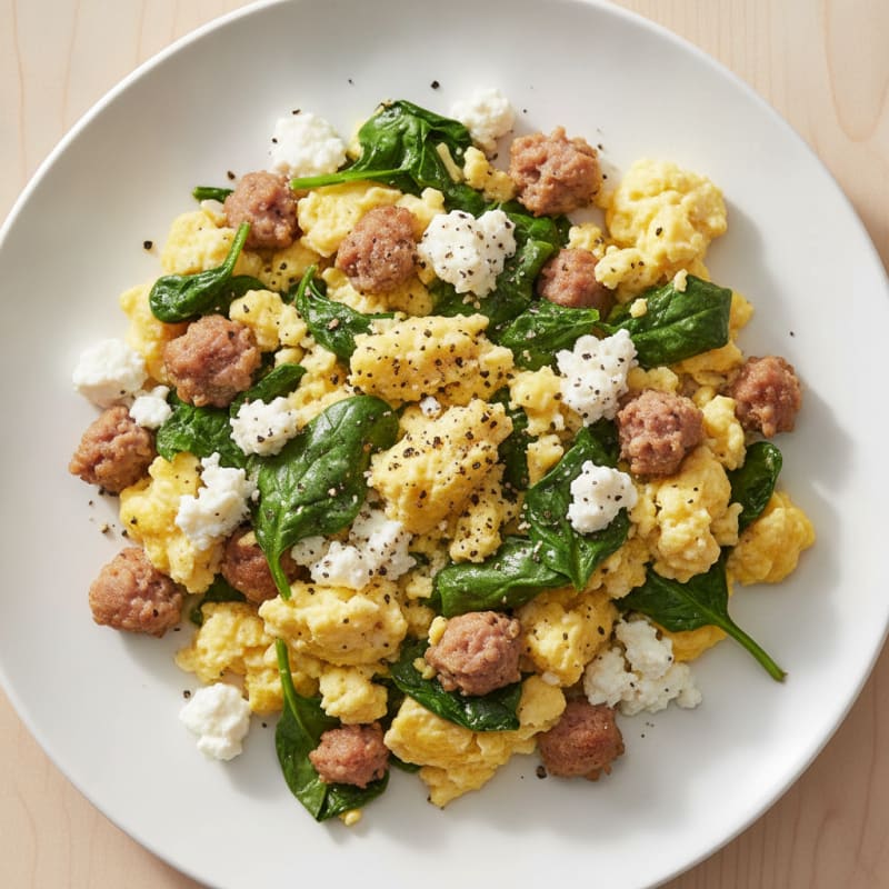 Cottage Cheese Scramble with Spinach and Turkey Sausage