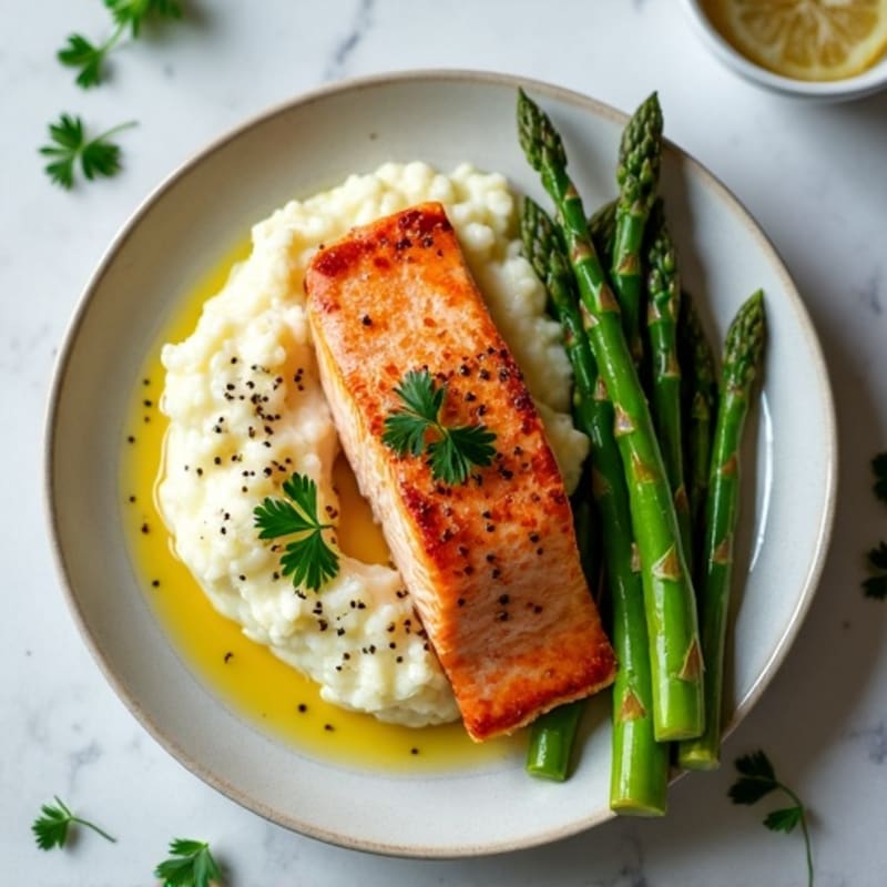Seared Salmon with Roasted Asparagus and Cauliflower Mash